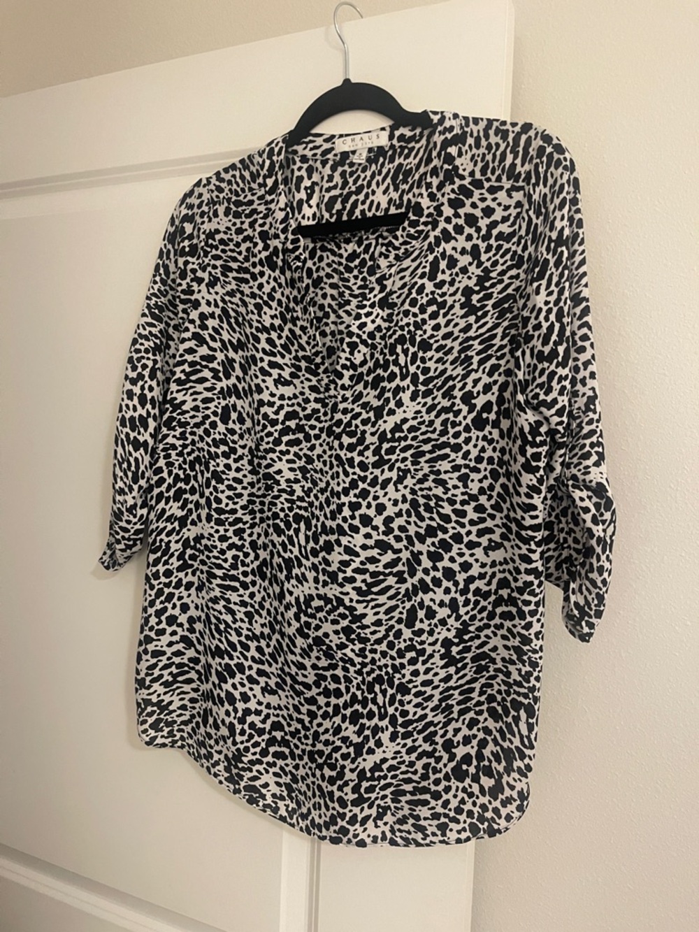 Chaus Black and White Animal Spot V-Neck Blouse